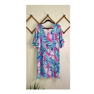Lilly Pulitzer Lula Blue and Pink Tropical Ruffle Sleeve Dress, NWT